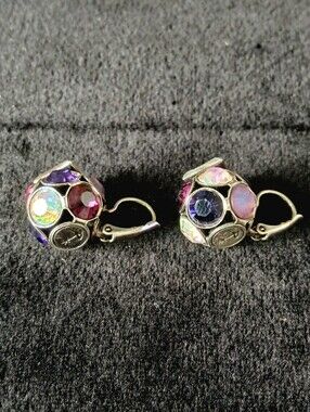 Vintage Renaissance Jewelry Signed Purple Crystal Disco Ball Leverback Earrings